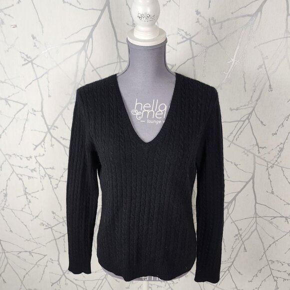 Jones New York Black Cable Knit 100% Cashmere V-Neck Sweater - Picture 1 of 5